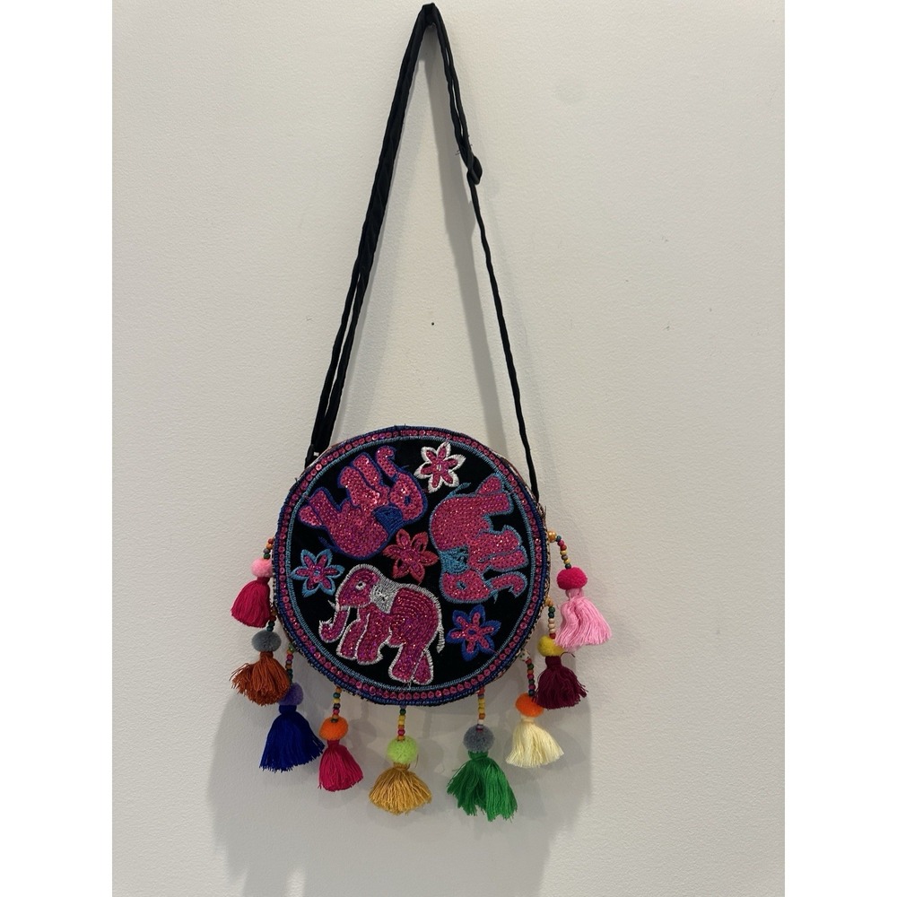 Purse Unique Ethnic Thailand  Hand Embroided Round Colorful Sling Purse